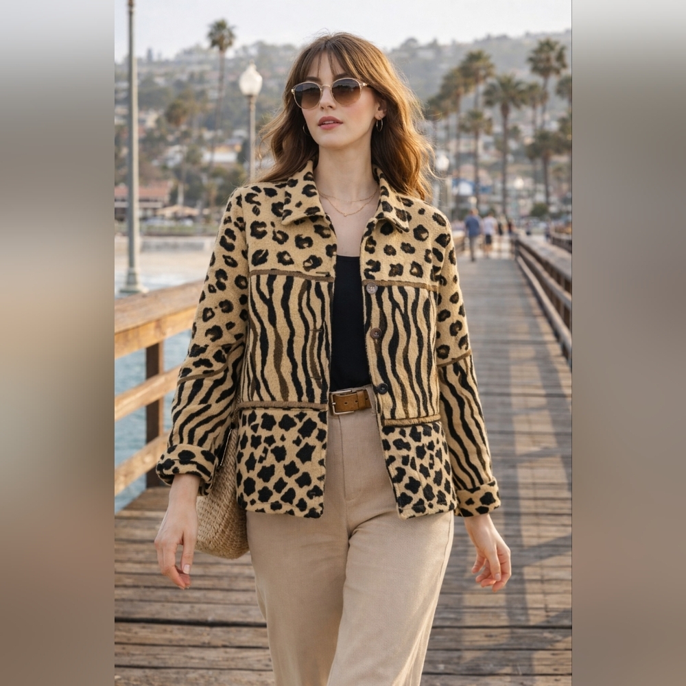Vtg Identity Safari Animal Print cotton Women's L Jacket Coat Y2k Statement Bold